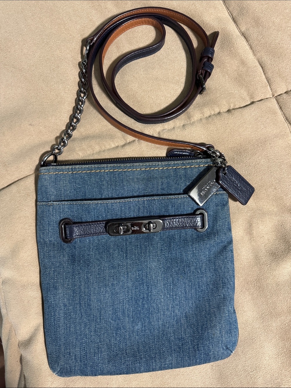 Coach Blue Denim Swagger Crossbody Leather on Back Leather and Chain Strap